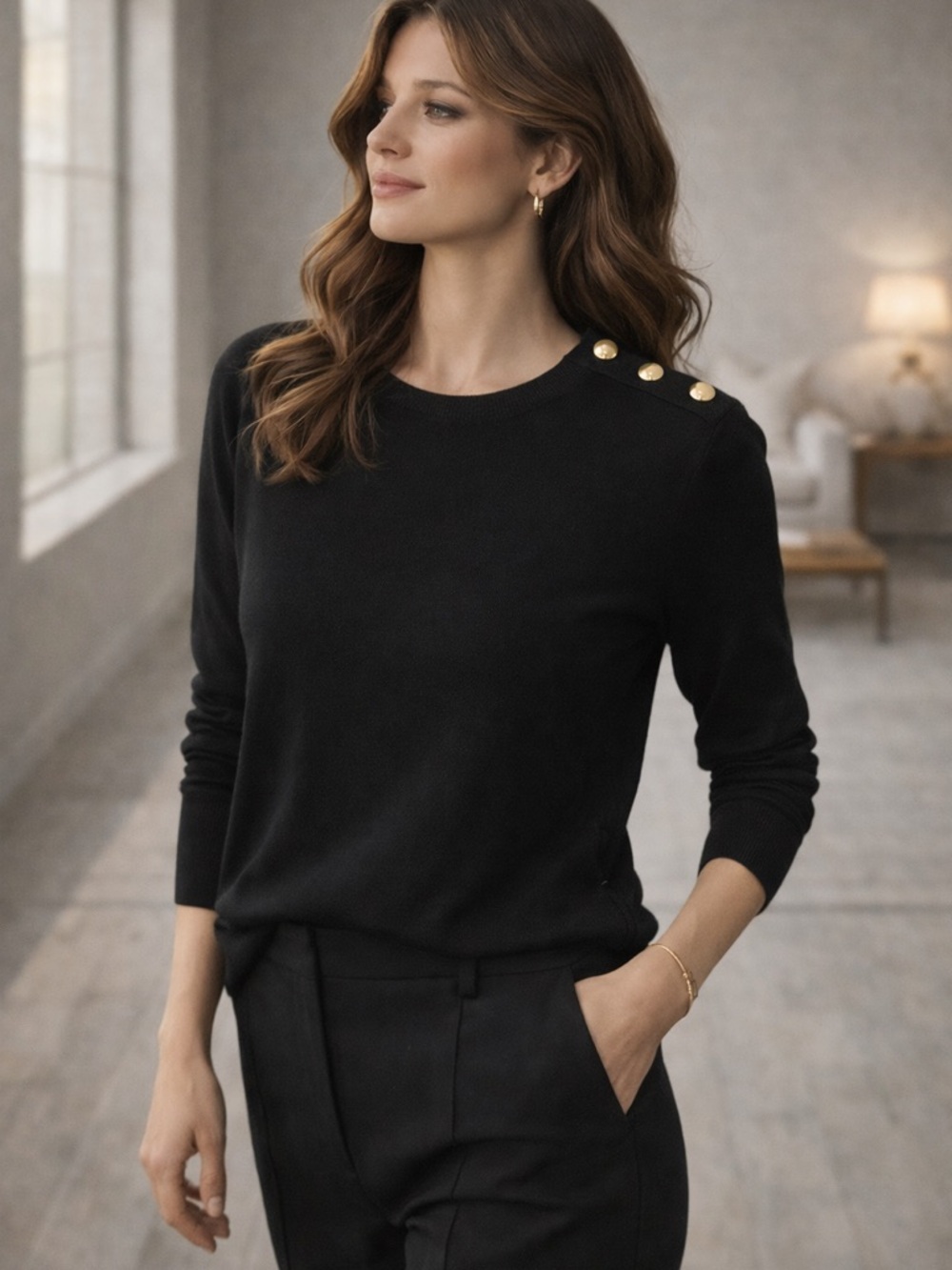 Philosophy Black Sweater Gold Button Shoulder Crewneck Lightweight Knit Size M